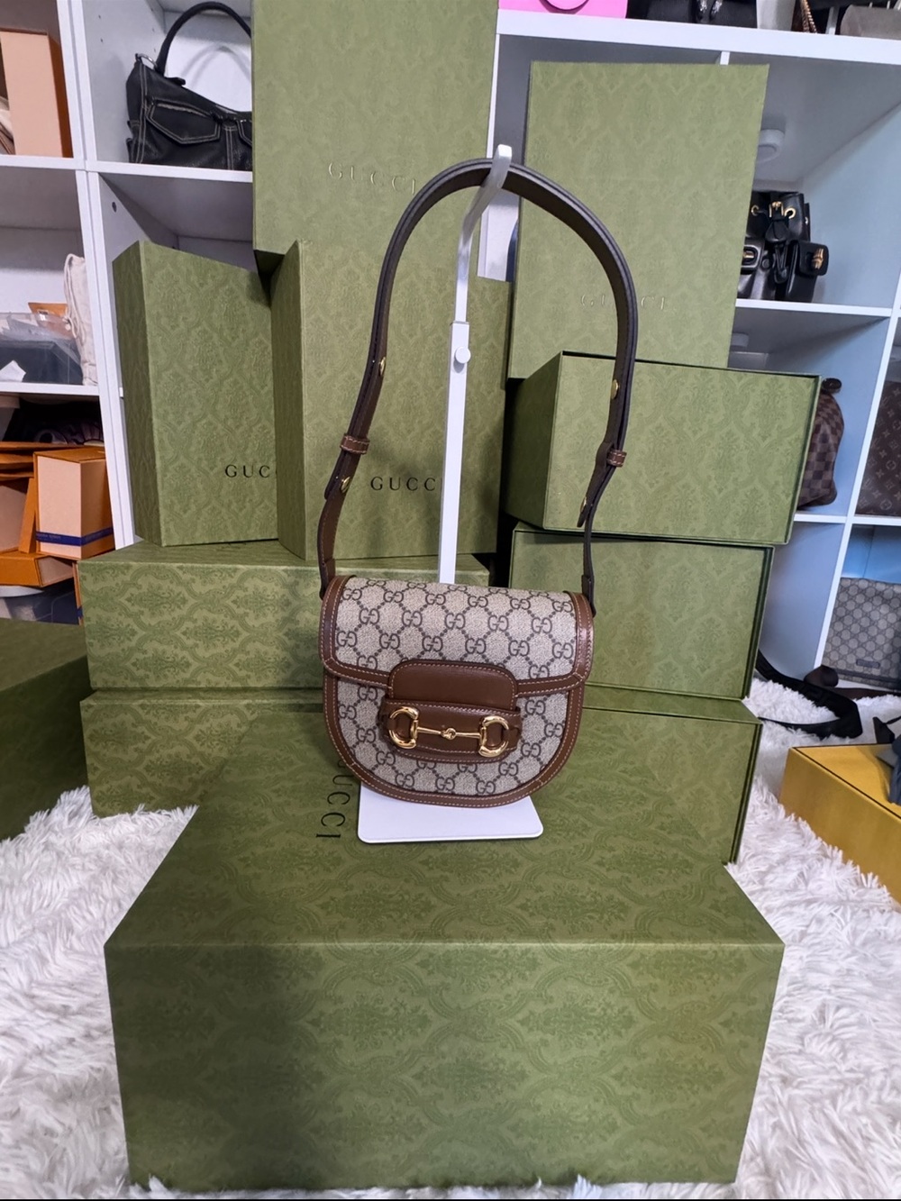 Gucci Beige Brown GG Supreme Mini Horsebit Shoulder Bag